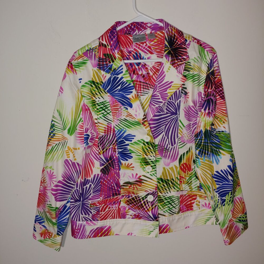 Chicos Cotton Blend Multicolor Vibrant Palm Leaves Print Jacket Sz 2 White